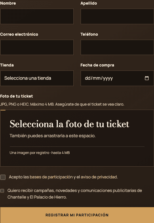 Desktop registration form with receipt guidance and consent controls