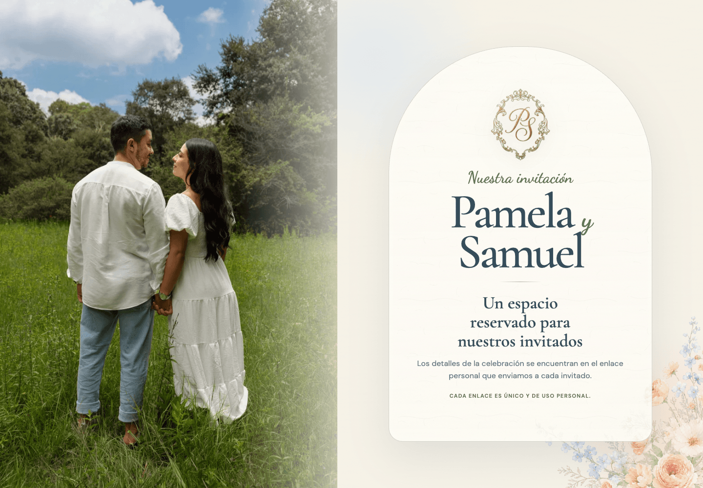 Public Pame y Sam invitation cover with couple photography and a gold monogram on watercolor stationery